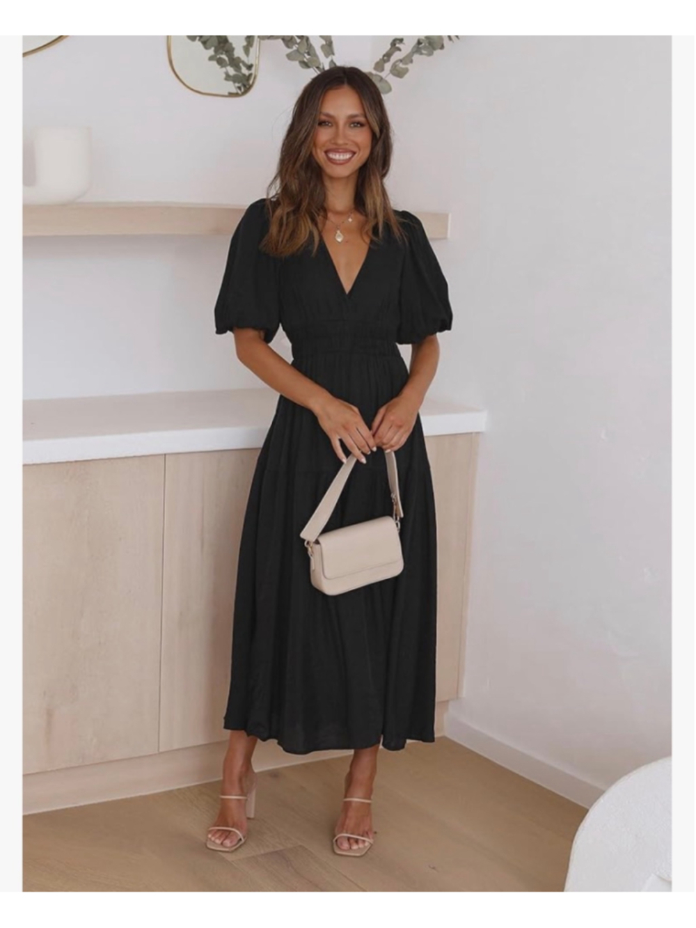 NEW Short Puffy Sleeve V Neck A-Line Flowy Wrap Wedding Guest Lined Dress S - Picture 3 of 11